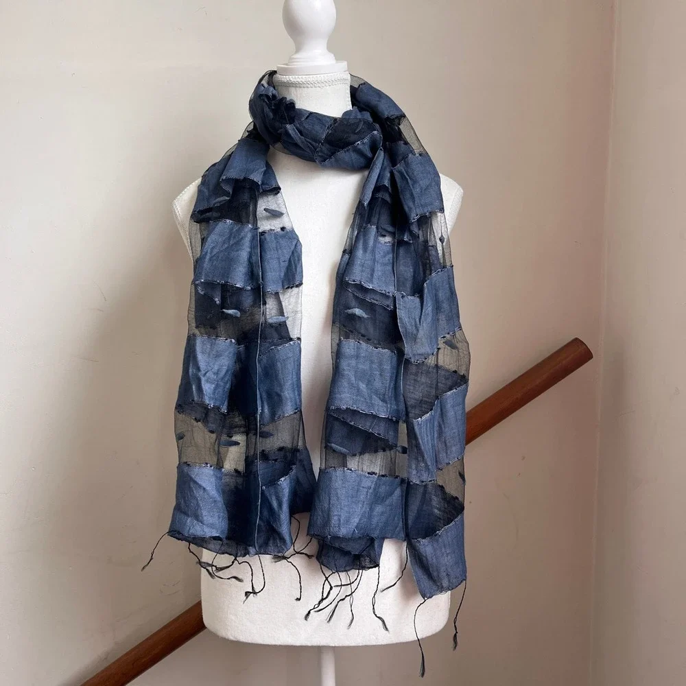 Silk Boiled Wool Sheer‎ Scarf Blue Textured Lightweight Summer Wrap Shawl Artsy